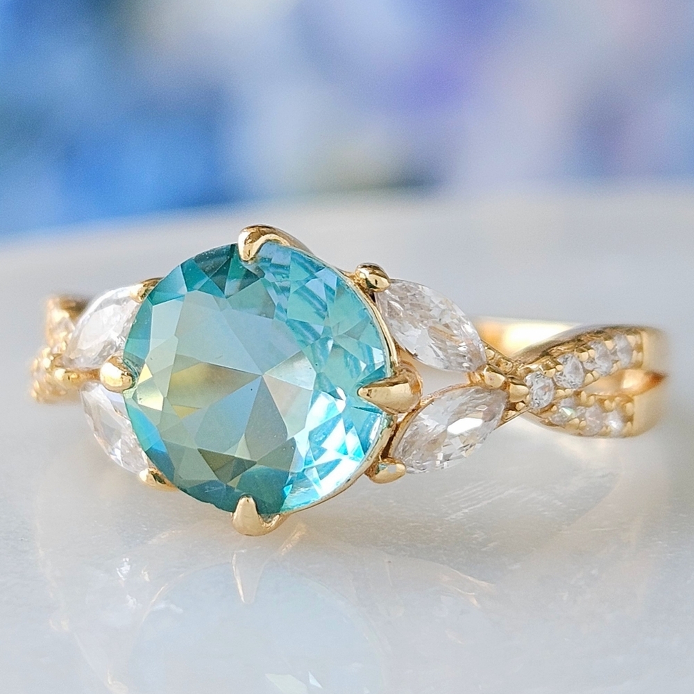Gold and Aquamarine  Blue and Teal Gemstone Ring Set, 925 Sterling Silver